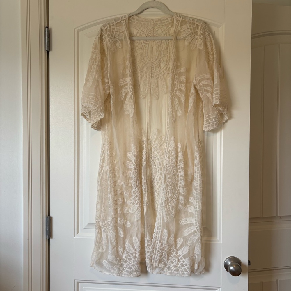 Boho Lace Kimono Cardigan Sheer Cream Embroidered Duster Cover